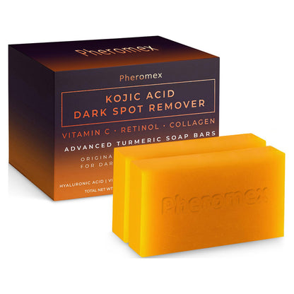 Pheromex Kojic Acid Dark Spot Remover Soap Bars with Vitamin C, Retinol, Collagen, Turmeric - Original Japanese Complex Infused with Hyaluronic Acid, Vitamin E, Shea Butter, Castile Olive Oil