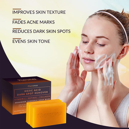Pheromex Kojic Acid Dark Spot Remover Soap Bars with Vitamin C, Retinol, Collagen, Turmeric - Original Japanese Complex Infused with Hyaluronic Acid, Vitamin E, Shea Butter, Castile Olive Oil
