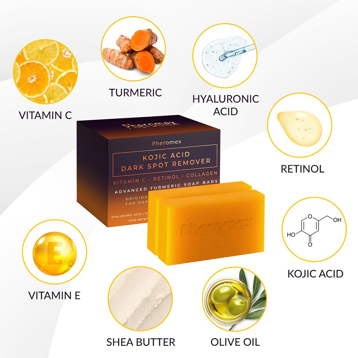 Pheromex Kojic Acid Dark Spot Remover Soap Bars with Vitamin C, Retinol, Collagen, Turmeric - Original Japanese Complex Infused with Hyaluronic Acid, Vitamin E, Shea Butter, Castile Olive Oil