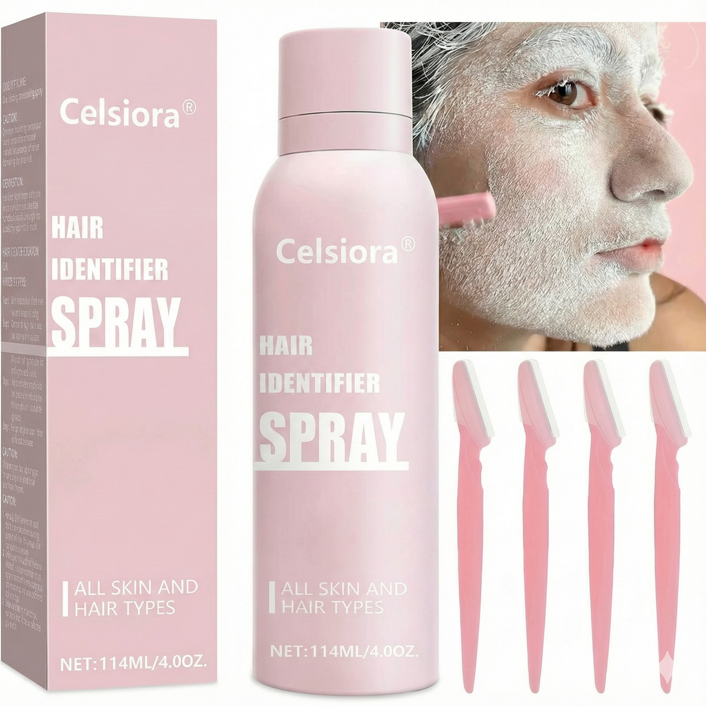 Celsiora®New Hair Identifier Spray for Face Shaving, Dermaplaning Tool With 4 Face Razors,Skin Dermaplaning Spray 💯